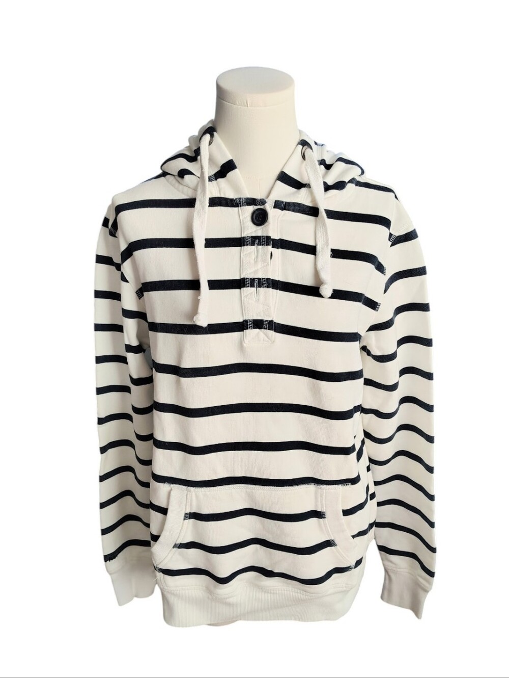 Fat Face EUC White Navy Blue Striped Drawstring Hoodie Sweatshirt Size 14